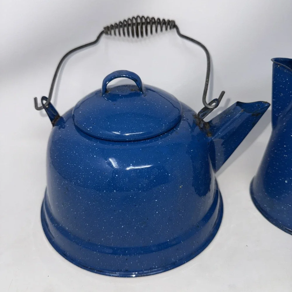 2 Pc Speckle Blue Enamelware Kettle tea coffee pot metal spring handle Camping